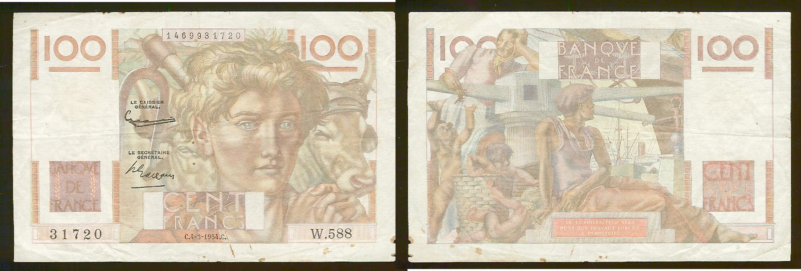 100 francs Young Farmer 1954 reversed watermark aVF